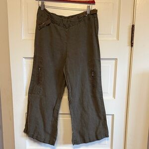 Benetton “Sicily” Olive Green Linen Cropped Pants with Buckle Detail